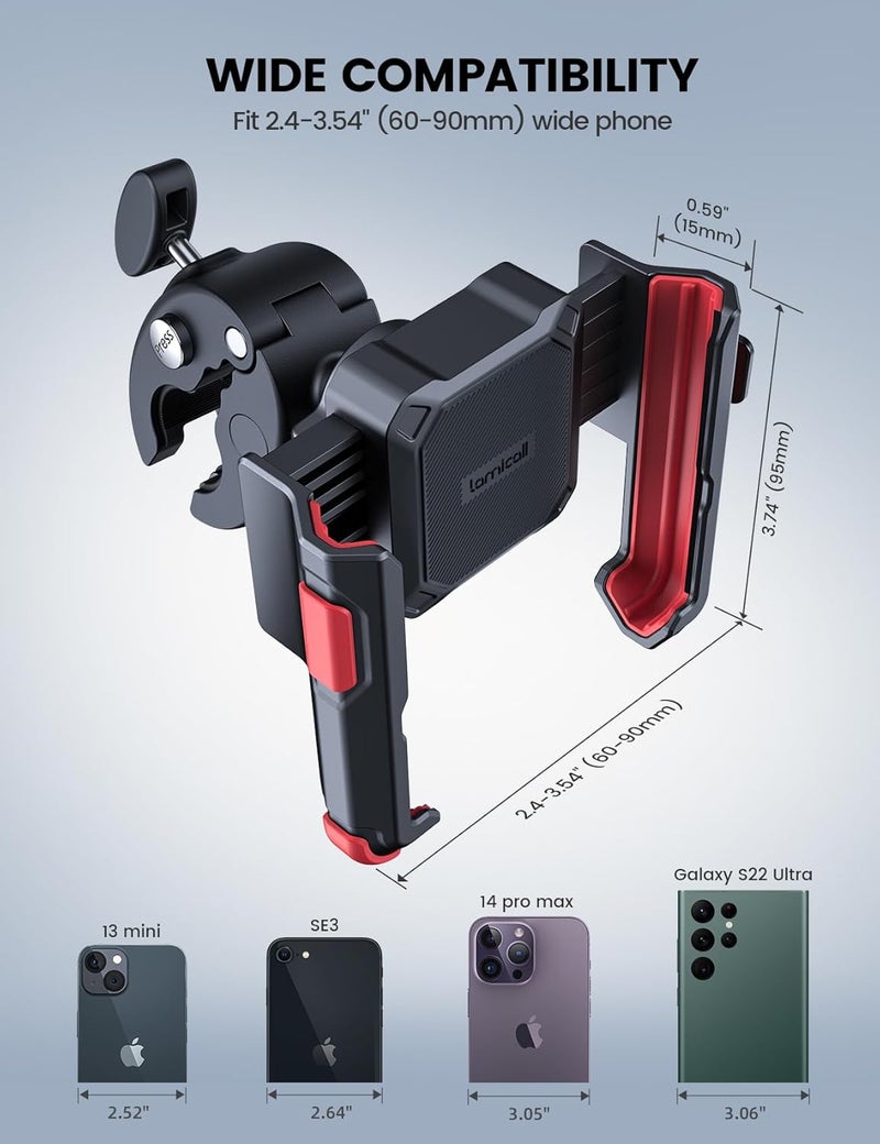 Lamicall Motorcycle Phone Mount Holder - [Camera Friendly] [1s Lock] Bike Phone Holder Handlebar Clamp, Bicycle Scooter Phone Clip, for iPhone Air, 17, 16, 15 Pro Max, Galaxy, 4.7-7" Phones, Red - Image 5